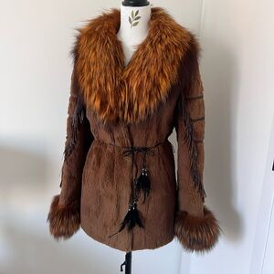 Vintage Penny Lane Real Rabbit Fur Coat Tanuki Collar Western Fringe Mob Wife M